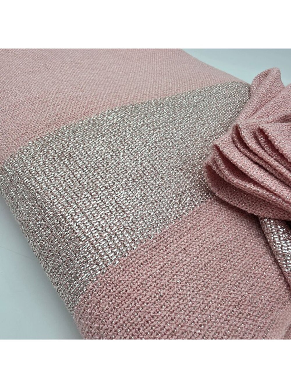 MCM 1950s Pink Woven Tablecloth & 6 Napkins Metallic Gray Accent Barbie Decor - Picture 4 of 10